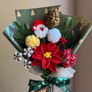 Handmade Crochet Poinsettia Bouquet: Santa Holiday gift, Knitted flowers for birthday gift for her, Mom, Grandma