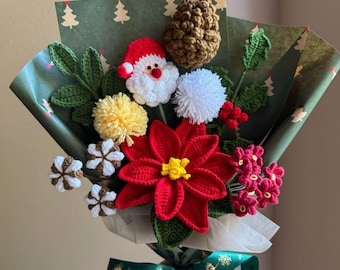Handmade Crochet Poinsettia Bouquet: Santa Holiday gift, Knitted flowers for Christmas