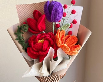 Crochet Flowers Bouquet, Home Decor, Handmade Gift, Peony, Finished Product, Birthday, Girlfriend, Mom, Grandma, Wife, Gift For Her