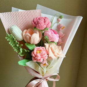 Handmade Crochet Flower Bouquet: Yarn bouquet, Knitted rose tulip peony dahlia, Sunflower, Gift for her, Birthday, Girlfriend,Thank you gift