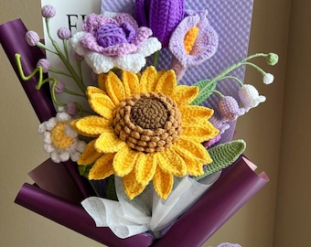 Crochet Sunflower Bouquet: Handmade Yarn Floral Arrangement-Daisy, lily, tulip birthday gift for mom, girlfriend