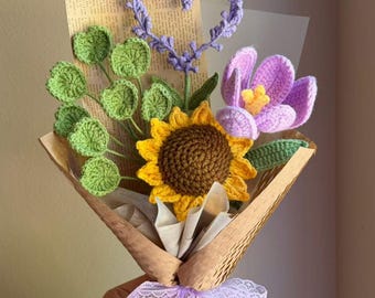 Handmade Crochet Sunflower Bouquet: Everlasting lavender tulip flowers gift for her, Pink blue purple