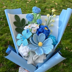 Crochet Flowers Bouquet Handmade, blue,  rose, Daisy, Home Decor, Finished Product, Mother's Day, Gift For Her,  Birthday, Girlfriend