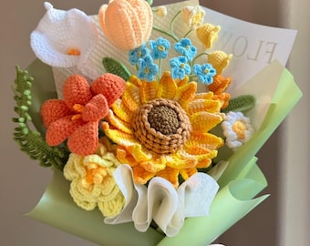 かぎ針編みの花束：手作りのひまわり、チューリップ、ユリ - 卒業祝い