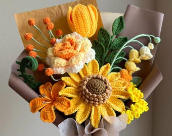 Crochet Sunflower Bouquet: Handmade rose lily tulip daisy gift for Mom, Graduation, birthday, teacher, girlfriend, wife, grandma