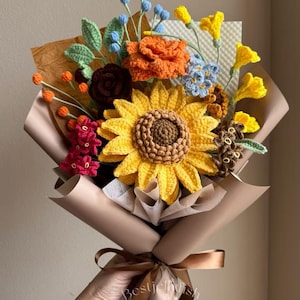 Handmade Crochet Sunflower Bouquet,Valentines pink red flower Gift For Her, Birthday, wedding, Anniversary, girlfriend, wife, Grandma