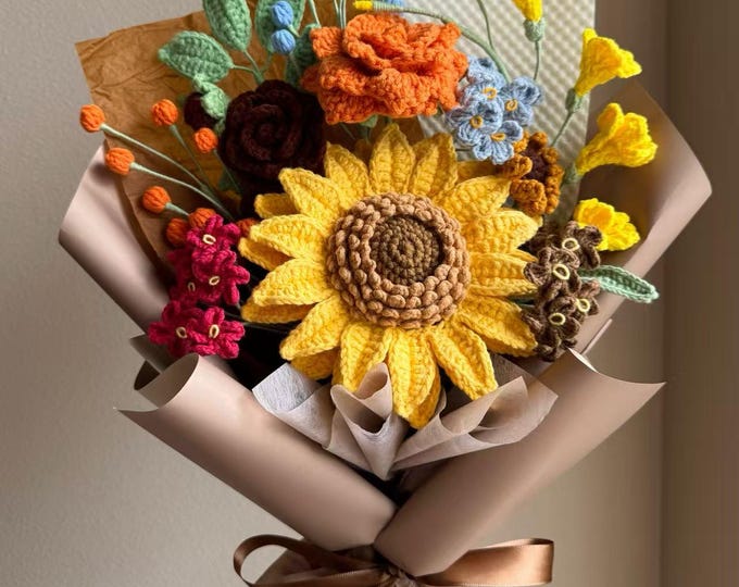 Crochet Sunflower Bouquet, Handmade Crochet Flower Bouquet, Forever Flowers Gift for Her