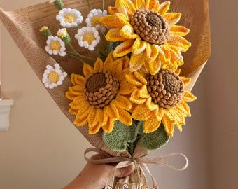 Crochet Sunflower Bouquet: Handmade knitted yarn Daisy, birthday gift for her, mom, wife, Home decor, Single flower