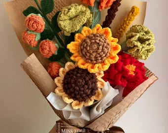 Crochet Sunflower Bouquet: Handmade Home Decor Gift, final sale, tulip, rose, crochet single flower