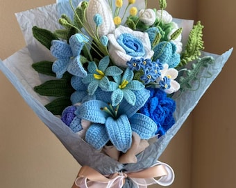 Handmade Crochet Flower Bouquet: Blue Rose, Daisy, Tulip, Snow
