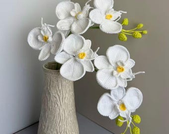 Crochet White Orchid Stem, Handmade Cotton Phalaenopsis, 3 Bloom Flower, Forever Flower, Elegant Home Decor Gift