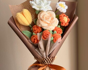 Crochet Rose Flower Bouquet for Thanksgiving: Handmade Everlasting Floral Gift, Fall color flowers, Sunflower gift