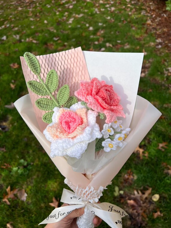 Handmade Pink Rose Crochet Flower Bouquet: Knit Lily, Tulip