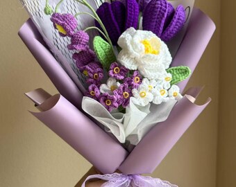 LuckyBundle Hand-Crochet Tulip Bouquet - 3 Tulips With Eucalyptus & Baby's Breath, Hypoallergenic Gift Set - View #7