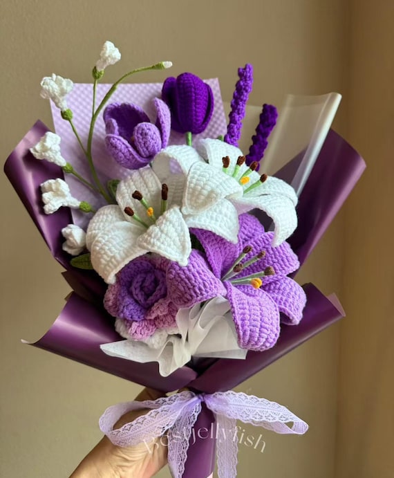 Handmade Crochet Flowers Bouquet: Purple Pink Blue Lily Rose, Gift