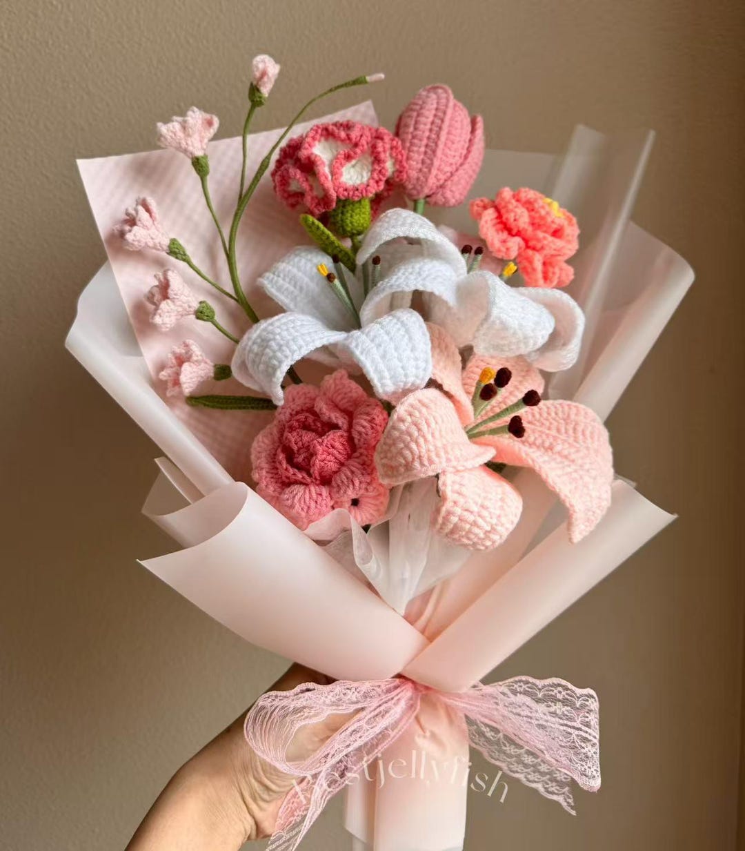 Handmade Crochet Pink Lily Rose Tulip Bouquet: Knitted Flowers