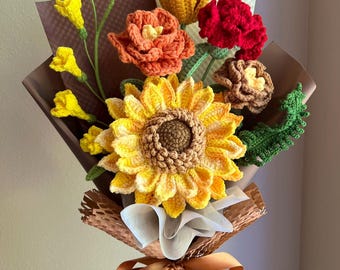 Omldggr Completed Crochet Flower Bouquet - Handmade Knitted Sunflower, Rose, Daisy With Eucalyptus, Forever Bouquet Gift - View #5