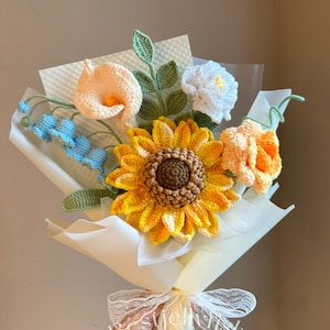 Handmade Crochet Sunflower Bouquet: Tulip, Lily of the valley, Elegant Gift for birthday, girlfriend, wife, mom