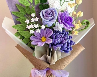 Crochet Flower Bouquet: Handmade Dahlia & Tulip Rose - Everlasting Gift for her, Wedding, birthday,  Mother's Day, Wife, Anniversary
