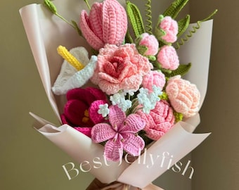 Crochet Flowers Bouquet Handmade, Finished Product, Rose,Lily,Tulip, Anniversary,Birthday, girlfriend mother day sister knit forever gift