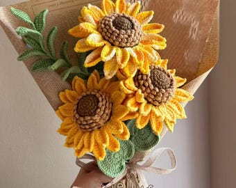 Handmade Crochet Flower Bouquet: Knit Sunflower, Daisy & Lavender, Home Decor, Gift for Mom, Wedding, Valentine