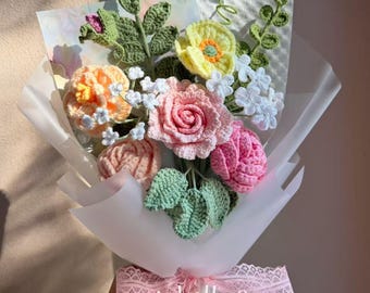 Crochet Flower Bouquet: Handmade Valentines pink Rose Tulip Gift for Birthday, Recovery, Knitting Peony lily sunflower