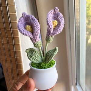 May include: A handcrafted crochet flower arrangement featuring two lavender calla lilies with yellow centers, green stems, and leaves. The flowers are set in a small white pot filled with green moss, creating a charming decorative piece.