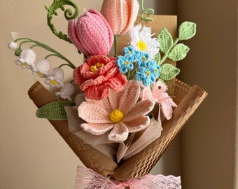 Handmade Crochet Wild Flower Bouquet: Sunflower & Rose Tulip - Everlasting Gift for her, birthday, mom