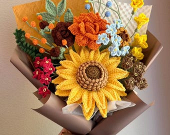 Crochet Sunflower Bouquet, Fall Floral Arrangement, Colorful Handmade Yarn Flowers, Finished product