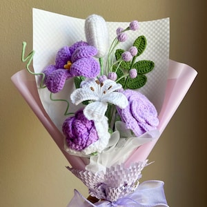 Crochet Flowers Bouquet Handmade, Tulip, Home Decor, Finished Product, Gift For Her, Birthday, Friend, Girlfriend, Mom, Grandma, Graduation Purple Thai rose