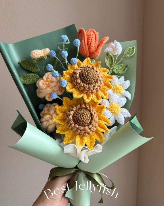 Sunflower Crochet Flower Bouquet Blanket - 63 Inch Throw For Women Gifts & Home Decor