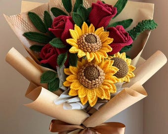 Handmade Crochet flower Bouquet:  Handmade Yarn Sunflower, Rose & Lily - Everlasting Gift for birthday, girlfriend, wife, mom