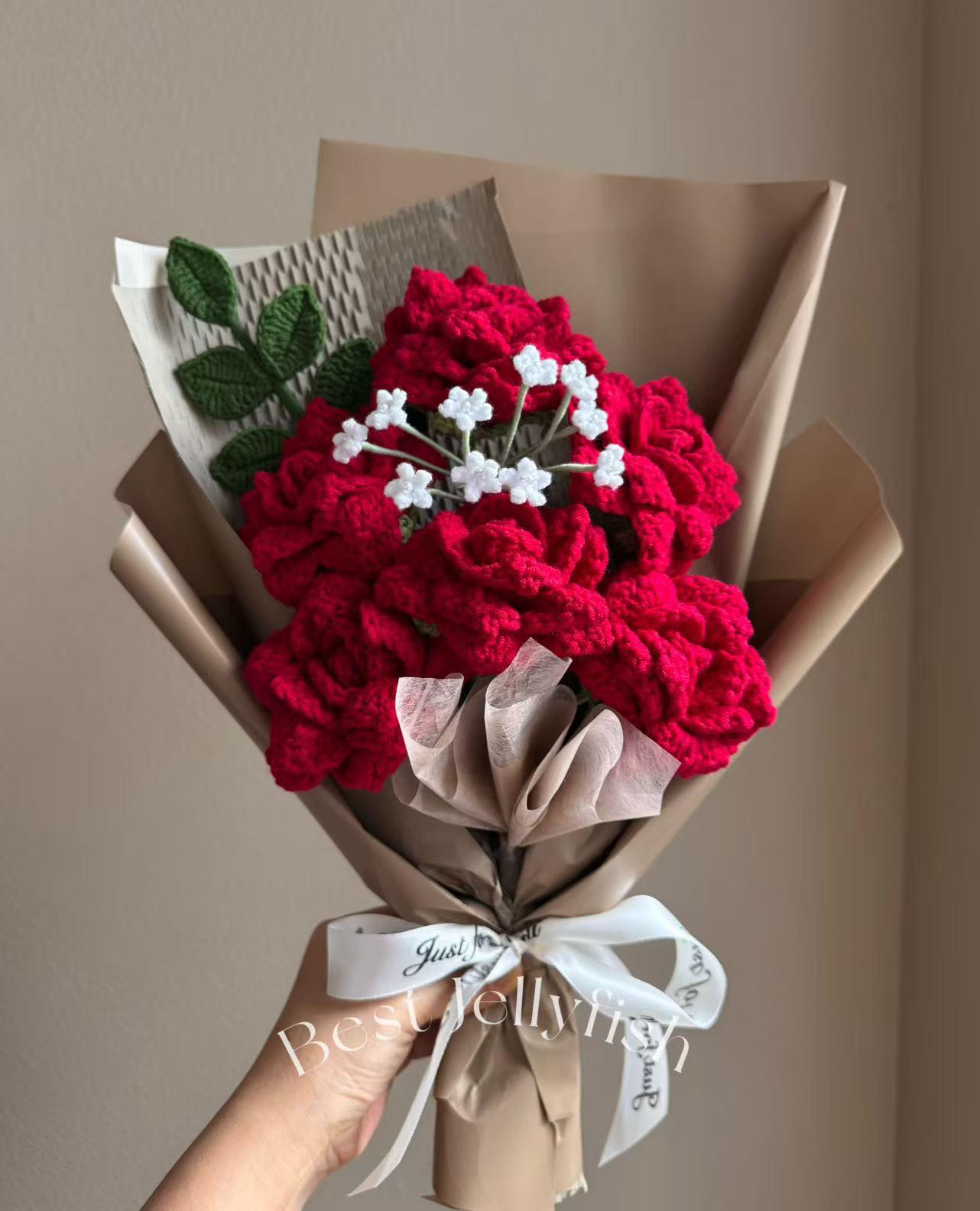 Crochet Valentine's Red Pink Rose Bouquet, Knitted Peony Lily