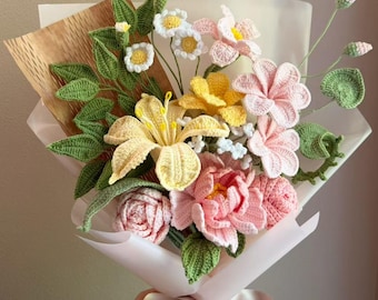 Handmade Crochet Flower Bouquet: Pastel Pink Floral Arrangement, Crochet peony tulip rose, Gift for her birthday