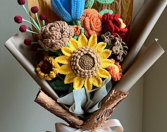 手作りかぎ針編みのひまわりの花束：彼女、誕生日、ガールフレンド、妻