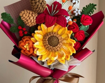 Crochet Flowers Bouquet Handmade, Poinsettia Sunflower, Gift for her, Christmas, Birthday, Girlfriend, Mom, Grandma, Wife