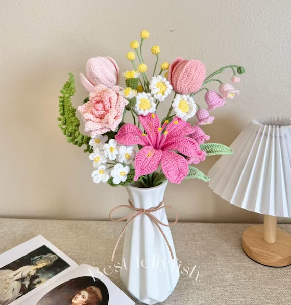 Handmade Crochet Flower for Vase, Pink Purple Knitted Iris Bouquet Pot, Birthday Christmas Thanksgiving Housewarming Gift, Office Home Decor