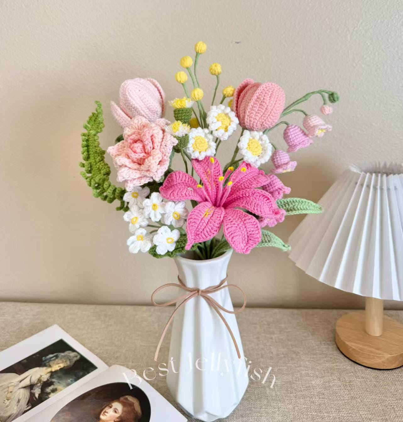 Handmade Crochet Flower for Vase, Pink Purple Knitted Iris Bouquet