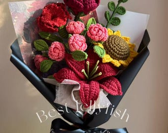 Crochet Sunflower Bouquet: Handmade Retro Red lily Rose, Everlasting Forever Knit flowers gift for her