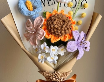Handmade Crochet Flower Bouquet: Sunflower, Tulip & Lily - Everlasting Gift