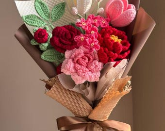 Crochet Valentine's Red Pink Rose Bouquet, Knitted Peony Lily