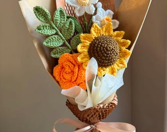 かぎ針編みのひまわりの花束：秋の色の花束、手作りの永遠の花の贈り物