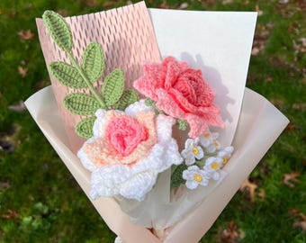 Handmade Crochet Flower Bouquet: Knit Peony, Rose Tulip Floral