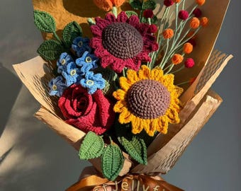 Crochet Flower Bouquet: Handmade Everlasting fall color sunflower rose gift, birthday gift for her, mom, girlfriend, grandma