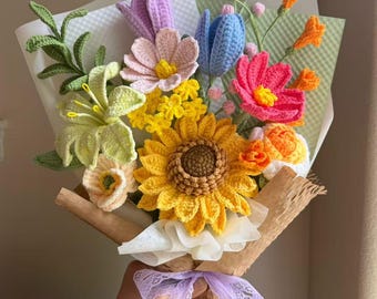 Crochet Sunflower Bouquet, Colorful Handmade Yarn Flowers, Pastel Floral Arrangement
