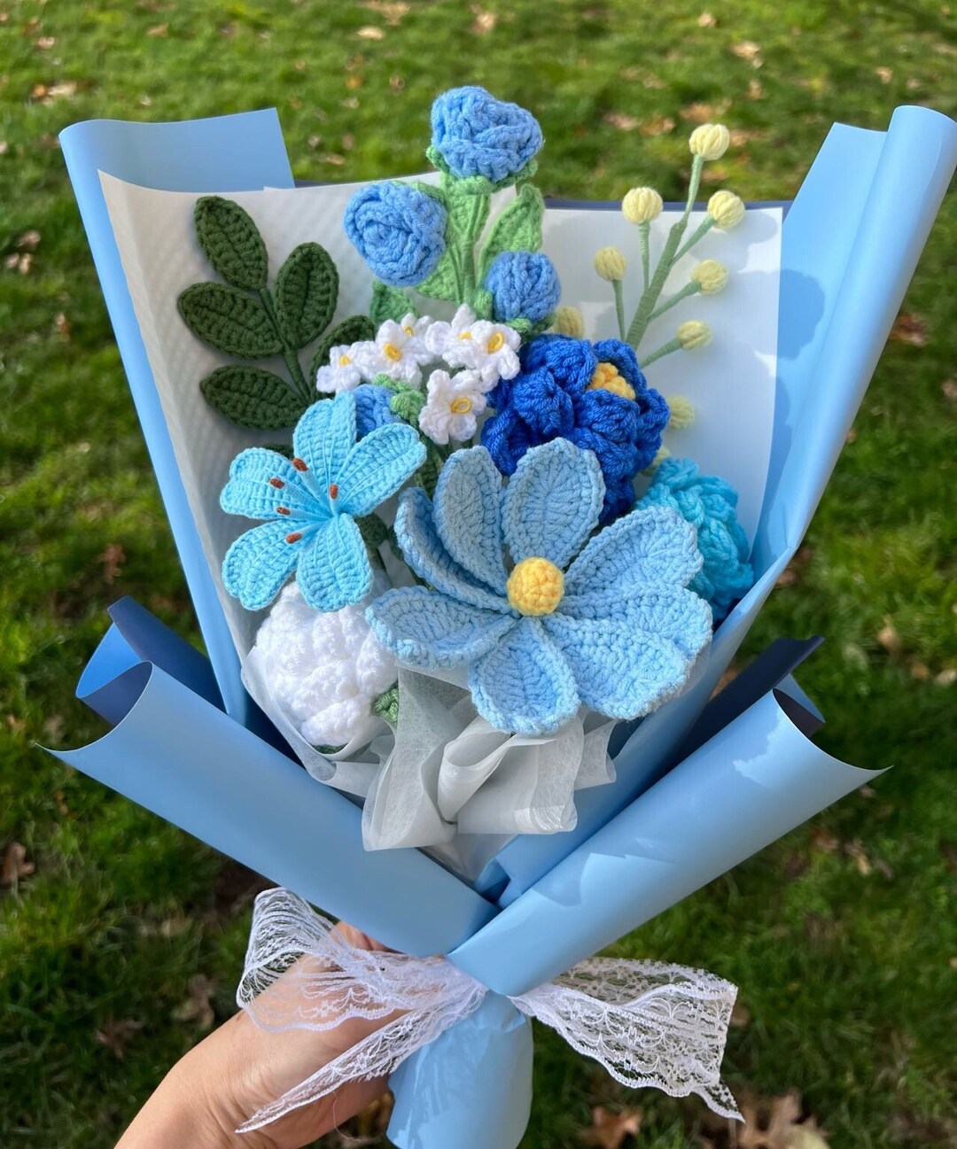Crochet Flowers Bouquet Handmade, Blue, Rose, Daisy, Home Decor
