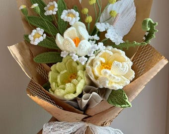 Handmade Crochet Flower Bouquet: Knitted Yellow Green Peony, Tulip, Lily, gift for wife, Girlfriend, Birthday