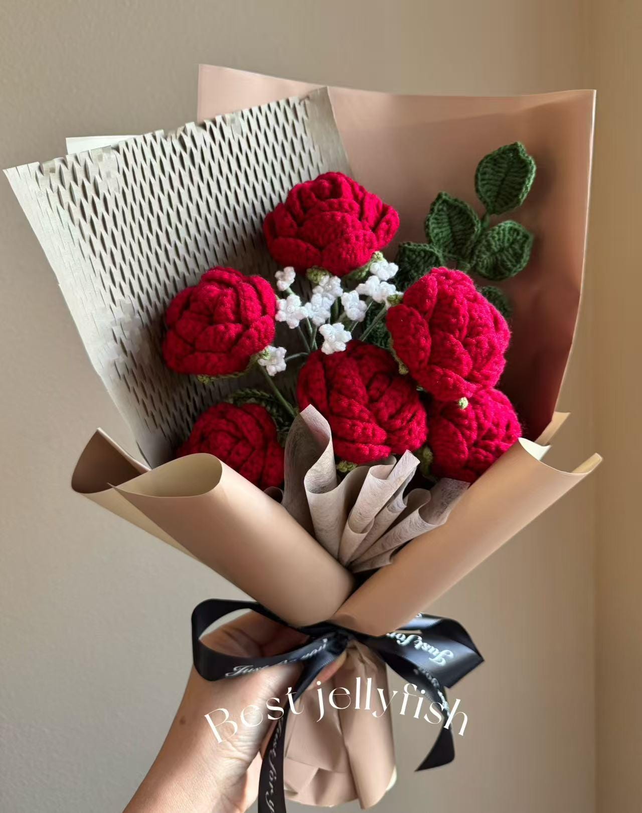 Mother's Day Crochet red pink rose bouquet, Knitted Birthday