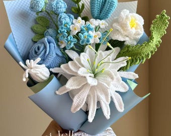 Crochet Flower Bouquet: Handmade Floral Arrangement, Elegant forever gift for her, Girlfriend, White Blue Queen of the Night, Hydrangea