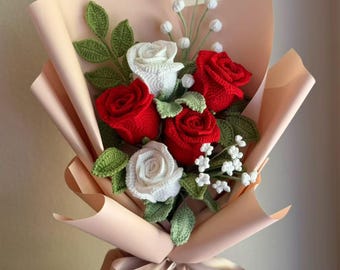Crochet Red White Rose Bouquet: Handmade Everlasting Floral Gift for Valentines Day, Birthday gift for her, girlfriend